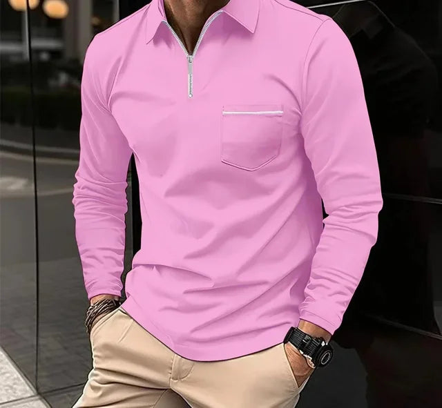 Polo T-shirts for Men Fashion Versatile Casual Solid Color Zip Pocket Long Sleeved Sports Loose Fitting Shirt Autumn New 2024