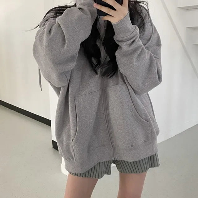 Women Hoodies 2023 Autumn Retro Solid Color Zip Up Oversized Sweatshirts Harajuku Korean Version Long Sleeve Hooded Jackets Coat