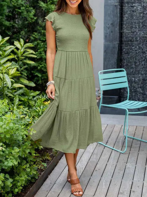 2023 Summer Fashion Casual Pleated A Line Women's Dress Fashion Elegant Chic Solid O-neck Flying Sleeve Long Dresses For Women