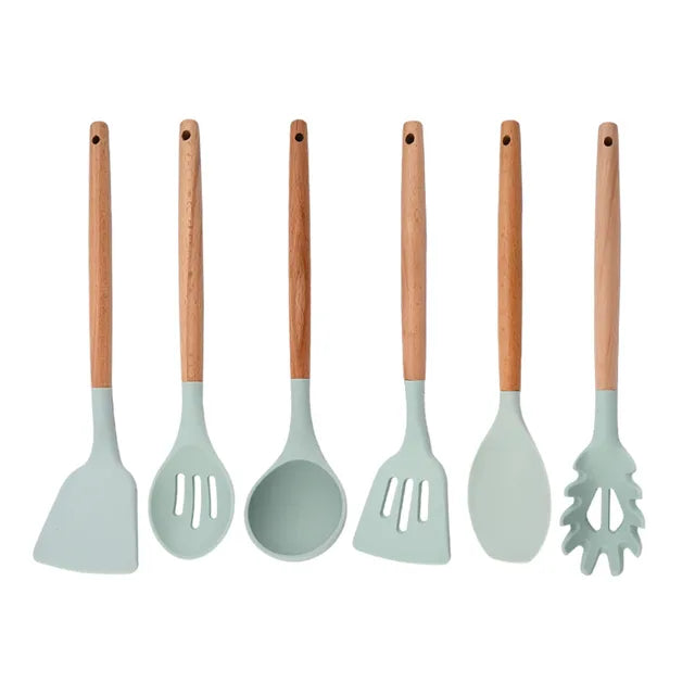 White Food Grade Silicone Kitchen Cookware Utensils Turner Spatula Spoon Wooden Handle Practical Cooking Tool Kitchenware Set