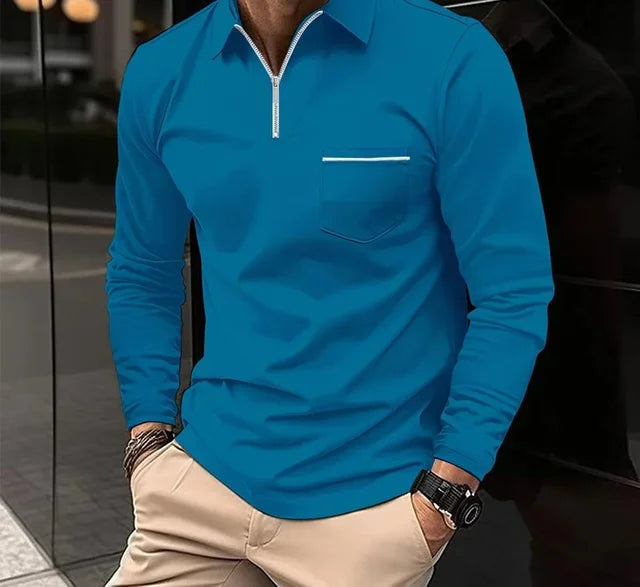 Polo T-shirts for Men Fashion Versatile Casual Solid Color Zip Pocket Long Sleeved Sports Loose Fitting Shirt Autumn New 2024