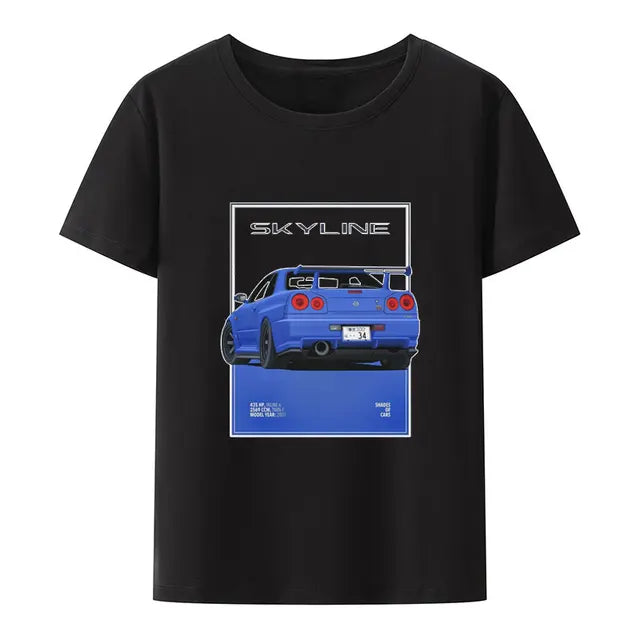 Initial D Nissan Skyline R34 T-shirt Men Japanese Anime Car Tshirt Trend Cool T Shirt Men Women Streetwear O-neck T Shirt