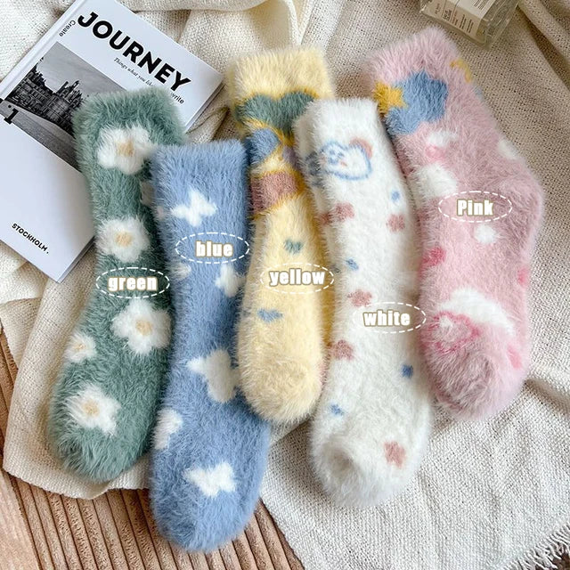 Heart Mink Plush Socks For Women Girl Mid-Tube Stockings Warm Coral Velvet Sleep Floor Sock Winter Thermal Slipper Harajuku Sox