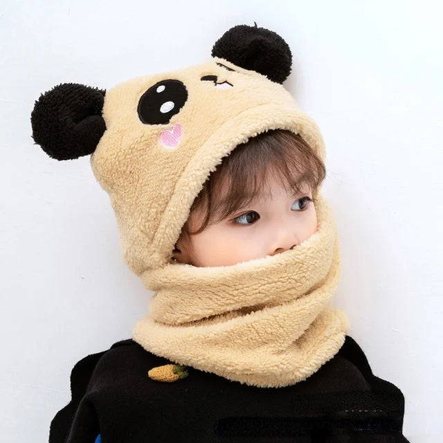 Cartoon Hat for Girls Boys Scarf Thicken Cap Winter Hat for Kids Newborn Baby Stuff Children Hat Plus Fleece Kids Caps 1-18Years