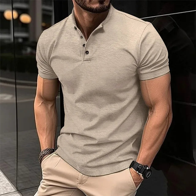 2024 European and American summer solid color T-shirt men's button Henry collar sports polo shirt