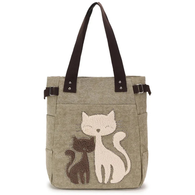 Women Canvas Shoulder Bags Female Cute Cat Plush Rivet Handbag Ladies Casual College School Books Totes Shopping Bag For Girls