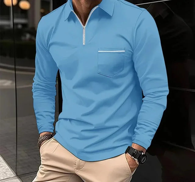 Polo T-shirts for Men Fashion Versatile Casual Solid Color Zip Pocket Long Sleeved Sports Loose Fitting Shirt Autumn New 2024