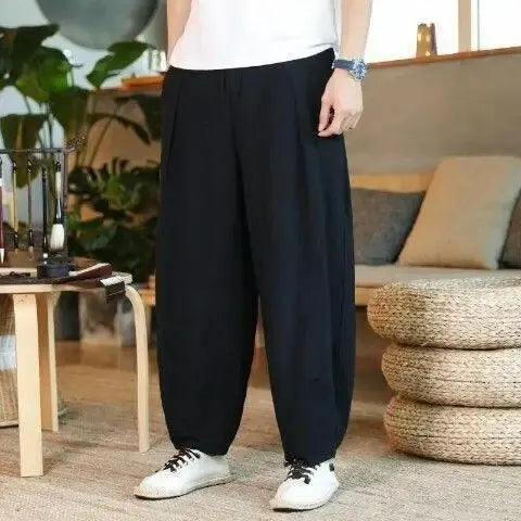 Loose Plus Size Summer Men Linen Pants Large Size Fat Person Wide Leg Casual Nine-Point Pants