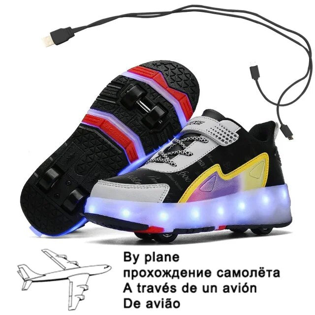 Children Four Wheels Luminous Glowing Sneakers Black Pink Led Light Roller Skate Shoes Kids Led Shoes Boys Girls USB Charging 43