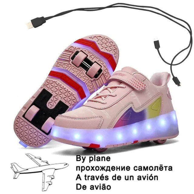 Children Four Wheels Luminous Glowing Sneakers Black Pink Led Light Roller Skate Shoes Kids Led Shoes Boys Girls USB Charging 43