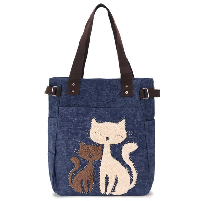 Women Canvas Shoulder Bags Female Cute Cat Plush Rivet Handbag Ladies Casual College School Books Totes Shopping Bag For Girls