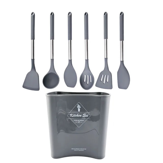 Silicone Kitchenware Non-stick Cooking Utensils Set Cookware Spatula Egg Beaters Shovel Stainless Steel Handle Kitchen Tool Set