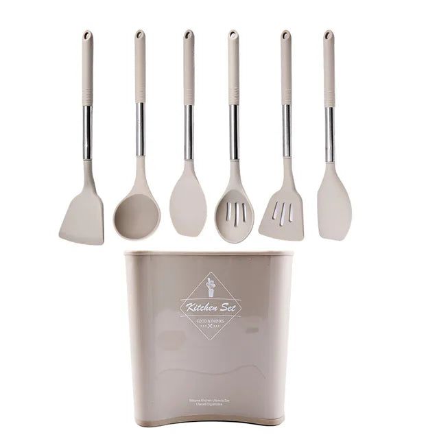 Silicone Kitchenware Non-stick Cooking Utensils Set Cookware Spatula Egg Beaters Shovel Stainless Steel Handle Kitchen Tool Set