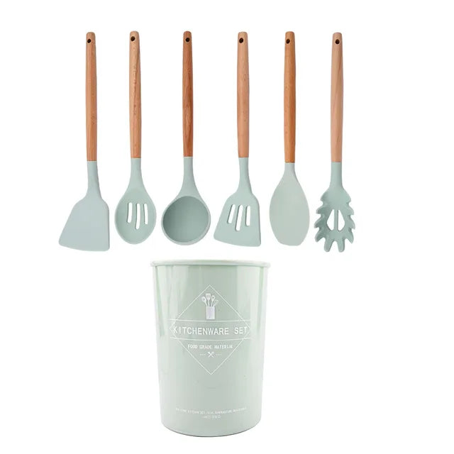 White Food Grade Silicone Kitchen Cookware Utensils Turner Spatula Spoon Wooden Handle Practical Cooking Tool Kitchenware Set