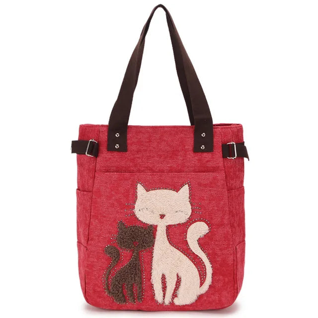 Women Canvas Shoulder Bags Female Cute Cat Plush Rivet Handbag Ladies Casual College School Books Totes Shopping Bag For Girls