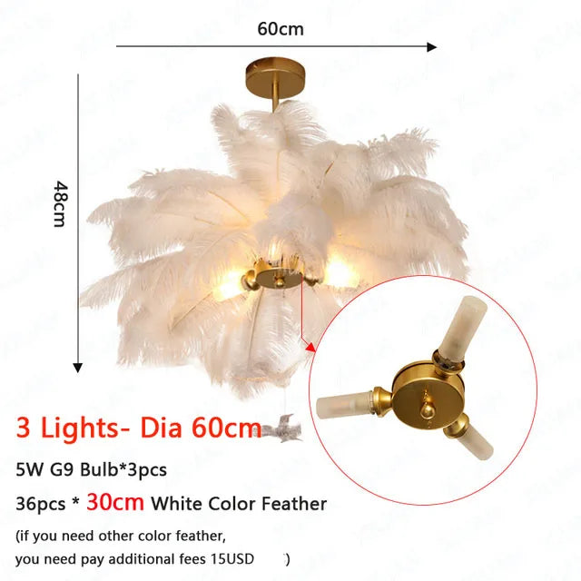 Nordic White Ostrich Feather Pendant Light Modern Led Ceiling Chandelier for Living Dining Room Children's Bedroom Hanghing Lamp