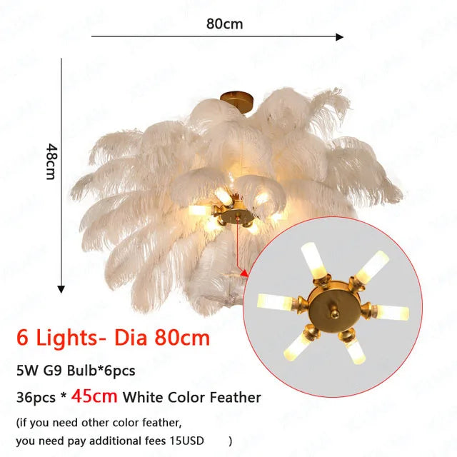 Nordic White Ostrich Feather Pendant Light Modern Led Ceiling Chandelier for Living Dining Room Children's Bedroom Hanghing Lamp