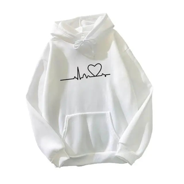 Chic Elastic Hem Women Autumn Hoodie Streetwear Women Autumn Hoodie Elastic Cuff Heart Print Couple Hoodie for School