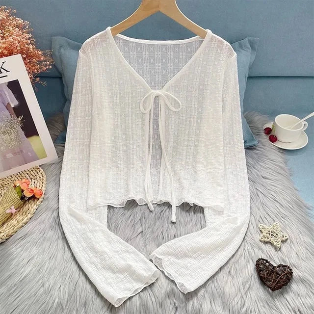 Woman T-shirt Summer Thin Bow Solid Color Short Thin Womens Cardigan Korean Fashion Casual Sun Protection 2023 Top Women Clothin