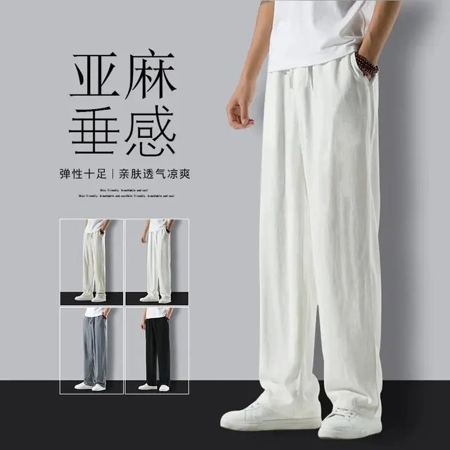 Men Summer Thin Breathable Slim Fit Casual Loose Trousers Large Size Cotton Linen Fabric Suitable Middle-Aged Elderly