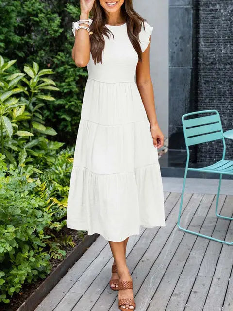 2023 Summer Fashion Casual Pleated A Line Women's Dress Fashion Elegant Chic Solid O-neck Flying Sleeve Long Dresses For Women