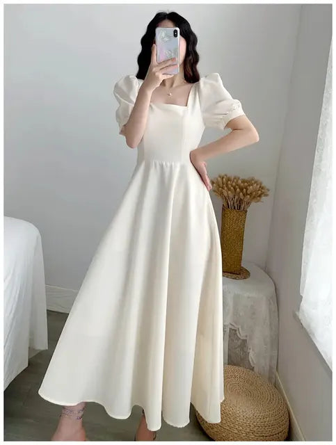 Slim Fit Women White Square Collar Lightweight Dress Bubble Sleeves High Waist Plus Size Korean Style Comfortable Casual