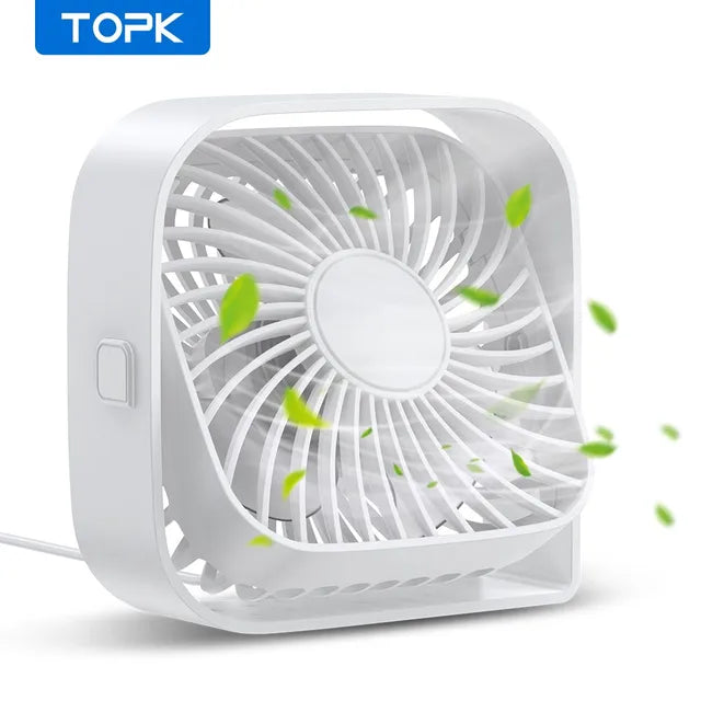 TOPK USB Desk Fan Strong Airflow & Quiet Operation 3 Speed Wind Mini Table Fan 360° Rotatable Head for Home Office Bedroom Table