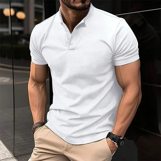 2024 European and American summer solid color T-shirt men's button Henry collar sports polo shirt