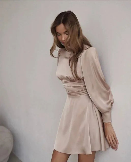 Fashion Stand Collar Satin 2023 Spring Women Dresses Elegant Long Sleeve Backless Mini Dress Casual Slim Pleated Dress Robe