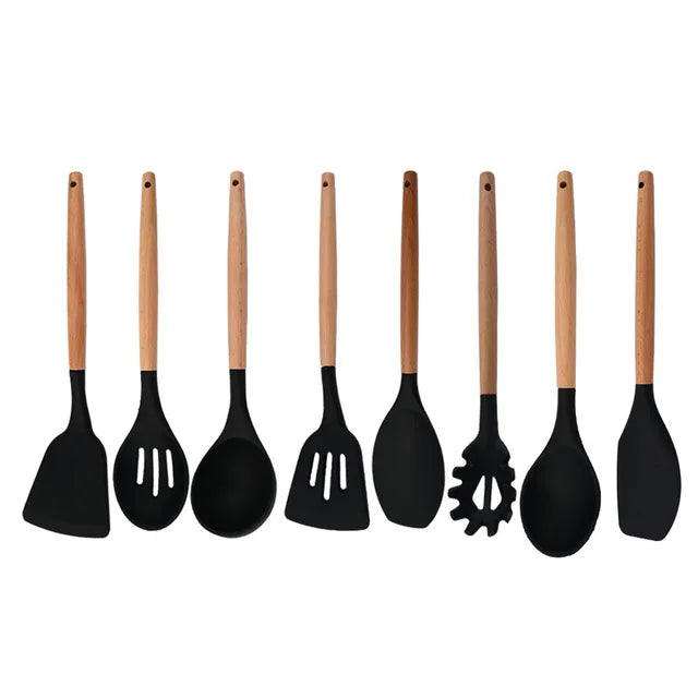 White Food Grade Silicone Kitchen Cookware Utensils Turner Spatula Spoon Wooden Handle Practical Cooking Tool Kitchenware Set