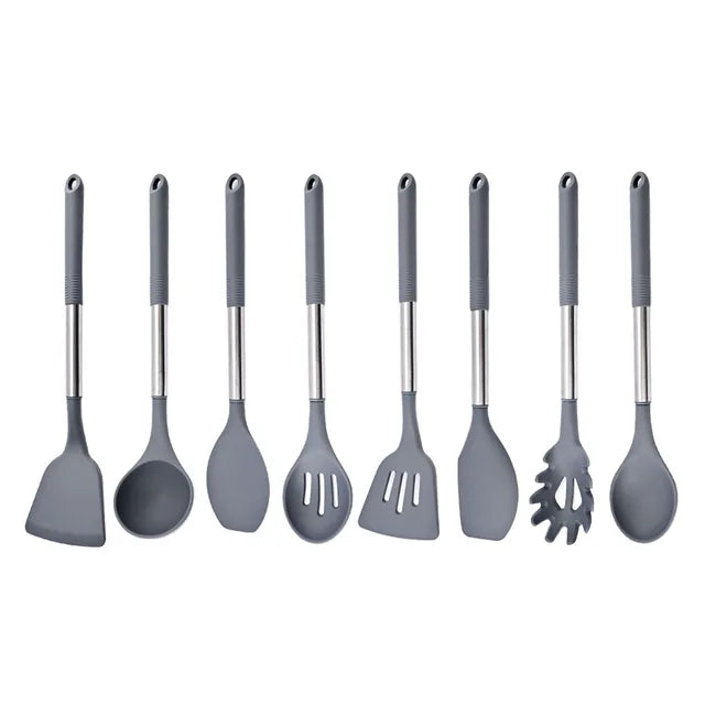 Silicone Kitchenware Non-stick Cooking Utensils Set Cookware Spatula Egg Beaters Shovel Stainless Steel Handle Kitchen Tool Set