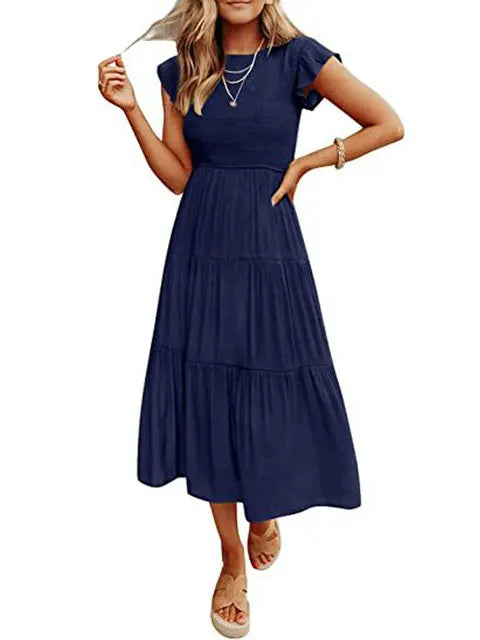 2023 Summer Fashion Casual Pleated A Line Women's Dress Fashion Elegant Chic Solid O-neck Flying Sleeve Long Dresses For Women