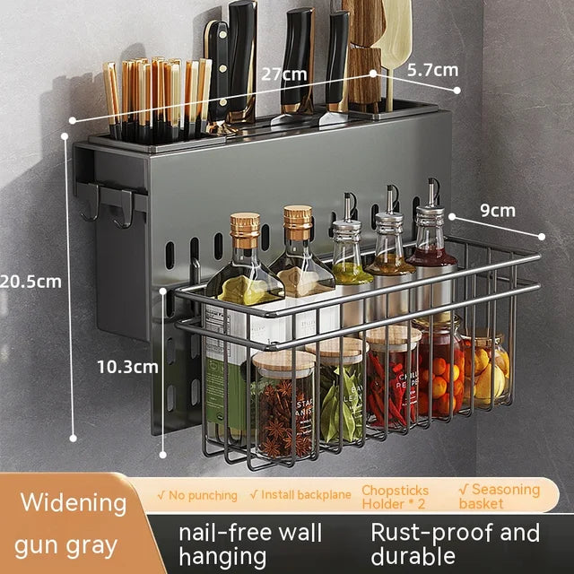 Kitchen Organizer Shelf Wall-mounted Spice Storage Rack Kitchen Knife Holder Wall Seasoning Chopstick Spoon Shovel Storage Sheif