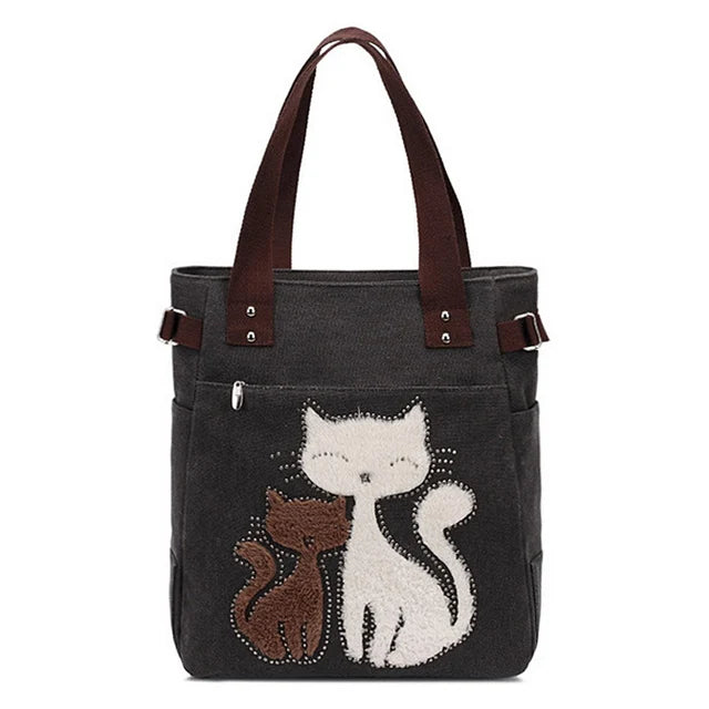 Women Canvas Shoulder Bags Female Cute Cat Plush Rivet Handbag Ladies Casual College School Books Totes Shopping Bag For Girls