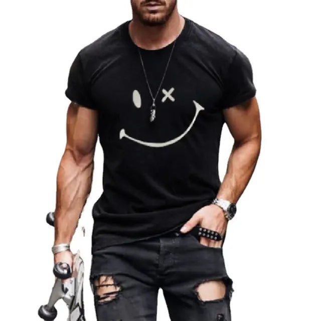 Summer Trend New Smiling Face 3D Printing Men's T-Shirt Round Neck Hip-Hop Sports Wind Speed Dry Smooth Breathable Short Sleeve