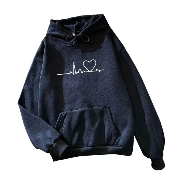 Chic Elastic Hem Women Autumn Hoodie Streetwear Women Autumn Hoodie Elastic Cuff Heart Print Couple Hoodie for School