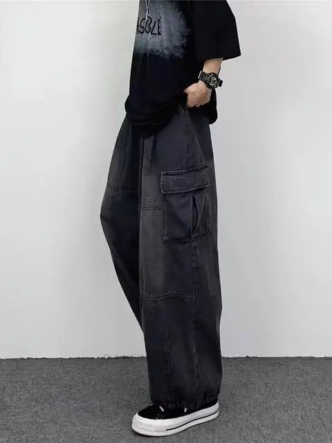 Spring And Autumn Vintage Wide Leg Big Pocket Overalls Men Y2K Neutral Loose Straight Leg Casual High Street Hip Hop Jeans