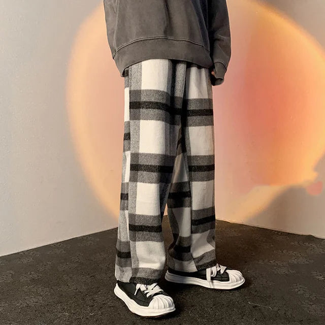 Spring Autumn Vintage Plaid Korean Casual Wide Leg Pants Man Woolen Streetwear Straight Fashion Loose Trousers Pantalon Homme