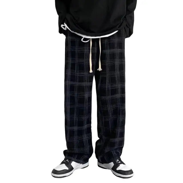 Mid-Rise Elastic Waistband Men Pants Pockets Straight Wide Leg Casual Trousers Plaid Print Drawstring Loose Corduroy Pants