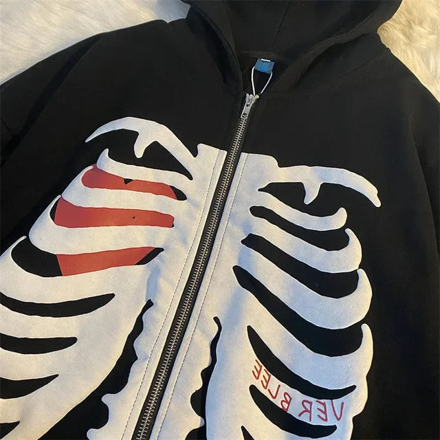 Y2K Skeleton Hoodies Women 2022 Vrouwen Gothic Zwart Zip Up Oversized Sweatshirt Dames Retro Harajuku Capuchon Streetwear Tops