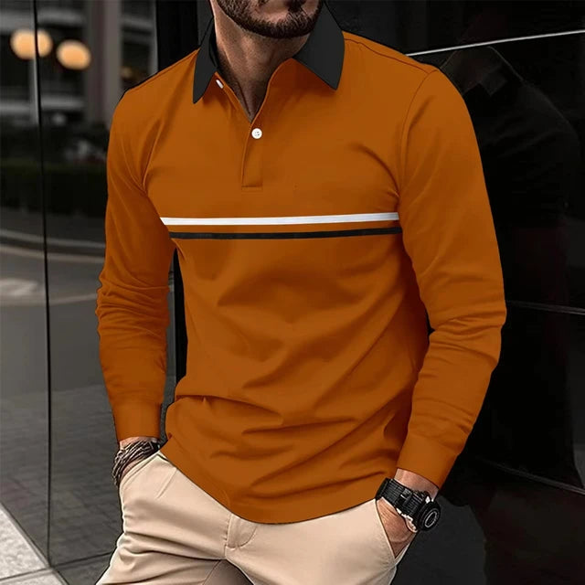 2024 Men New Stripe Long Sleeve Polo Shirt , Men Casual Simple Style Polo Shirt .