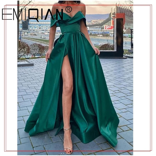 Off the Shoulder Emerald Green Satin Long Prom Dresses with Leg Slit V-neck Floor Length Arabic Evening Gowns robe de soiree