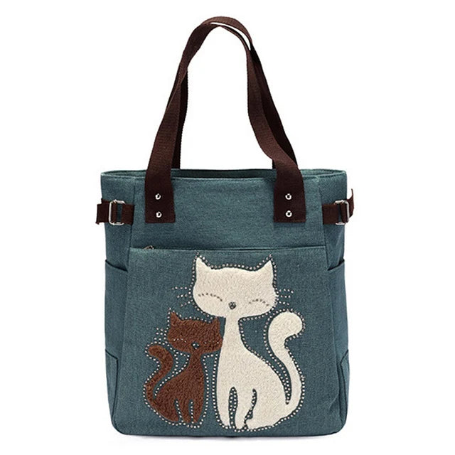 Women Canvas Shoulder Bags Female Cute Cat Plush Rivet Handbag Ladies Casual College School Books Totes Shopping Bag For Girls