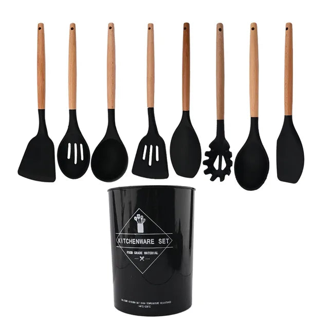 White Food Grade Silicone Kitchen Cookware Utensils Turner Spatula Spoon Wooden Handle Practical Cooking Tool Kitchenware Set