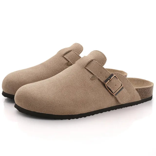 Comwarm Fashion Women's Suede Mules Slippers Boston Clogs Cork Insole Sandals With Arch Support Outdoor Beach Slides Home Shoes