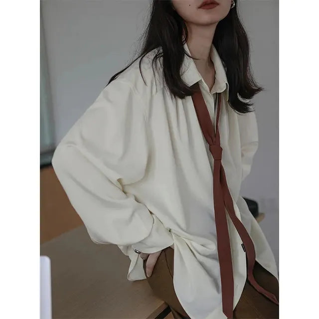 Zadily 2023 Spring Minimalist Long Sleeve Button Up Shirt Women Korean Style Solid Tie Oversize Shirts Blouse Loose Clothes Tops