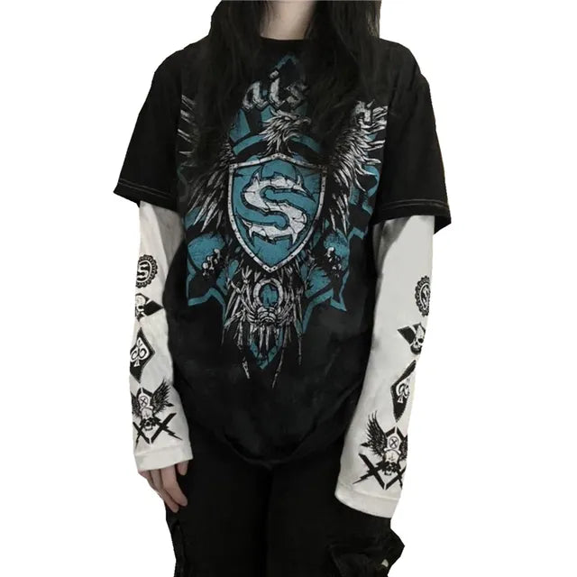 Xingqing 2000s Aesthetic T Shirt Graphic Cross Wings Print Long Sleeve Tops y2k Women Clothes Fairycore Grunge Tee Streetwear