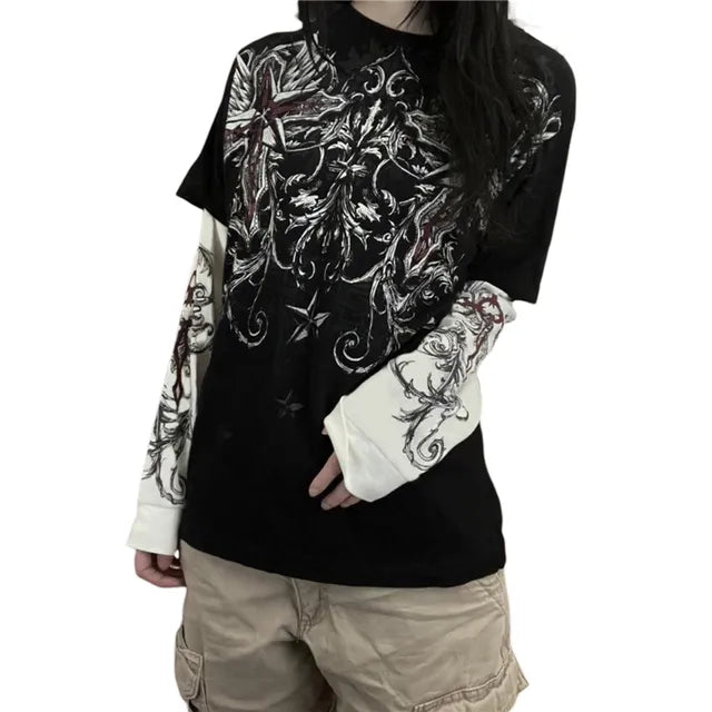 Xingqing 2000s Aesthetic T Shirt Graphic Cross Wings Print Long Sleeve Tops y2k Women Clothes Fairycore Grunge Tee Streetwear