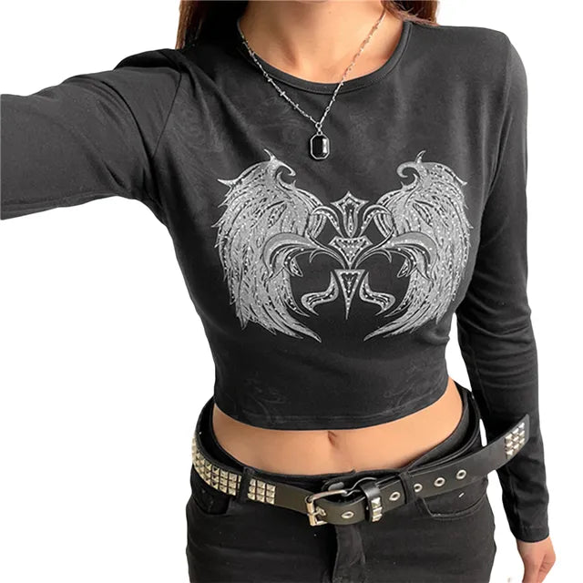 Xingqing 2000s Aesthetic T Shirt Graphic Cross Wings Print Long Sleeve Tops y2k Women Clothes Fairycore Grunge Tee Streetwear