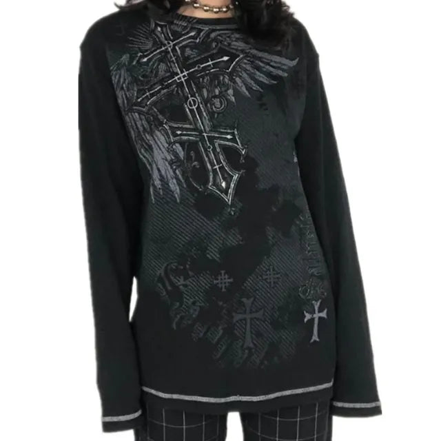 Xingqing 2000s Aesthetic T Shirt Graphic Cross Wings Print Long Sleeve Tops y2k Women Clothes Fairycore Grunge Tee Streetwear